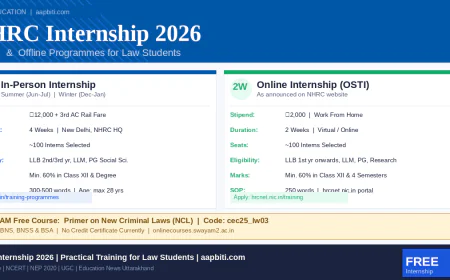 NHRC इंटर्नशिप 2026 — LLB छात्रों के लिए ऑनलाइन और ऑफलाइन अवसर, साथ में Swayam पर नई आपराधिक विधियों का निःशुल्क कोर्स