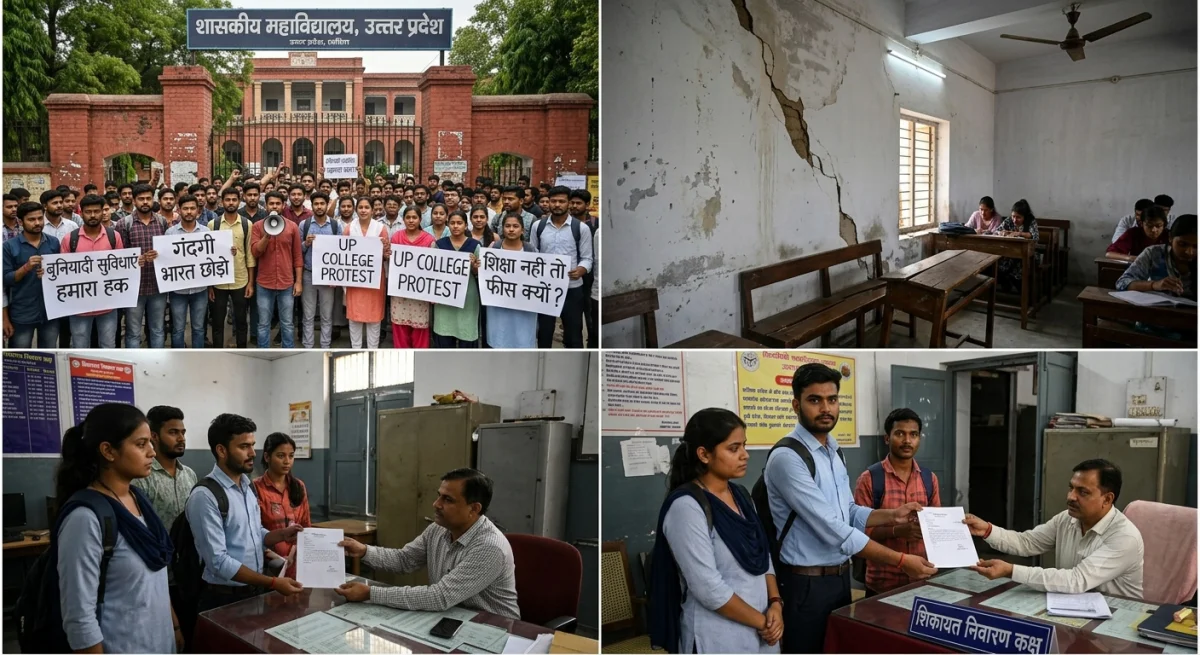 UP college protest by students against poor infrastructure या यूपी कॉलेज में शांतिपूर्ण प्रदर्शन करते छात्र