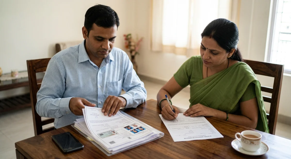 ऋषिकेश में एक भारतीय अभिभावक जोड़ा एक मेज पर बैठकर स्कूल एडमिशन फॉर्म भर रहा है और जरूरी दस्तावेज (जैसे आधार कार्ड, जन्म प्रमाण पत्र) तैयार कर रहा है।
