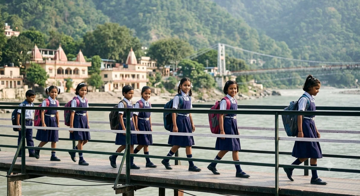 हिमालय और गंगा नदी की पृष्ठभूमि में, ऋषिकेश में स्कूल यूनीफॉर्म पहने खुश भारतीय बच्चे एक पुल पार कर रहे हैं।