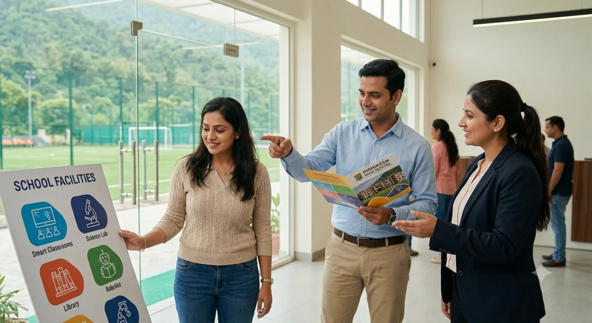 ऋषिकेश में एक आधुनिक स्कूल के लॉबी में माता-पिता एक प्रशासक के साथ बातचीत करते हुए स्कूल की सुविधाओं और बुनियादी ढांचे की तुलना कर रहे हैं।