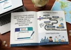 Open educational brochure about the National Scholarship Portal (NSP) 2026-27 guide, featuring a step-by-step application timeline, key dates, and global study graphics alongside a laptop displaying the NSP portal login screen.