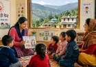 Uttarakhand Anganwadi worker teaching preschool children in a rural classroom with Himalayan mountains in the background