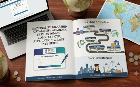 Open educational brochure about the National Scholarship Portal (NSP) 2026-27 guide, featuring a step-by-step application timeline, key dates, and global study graphics alongside a laptop displaying the NSP portal login screen.