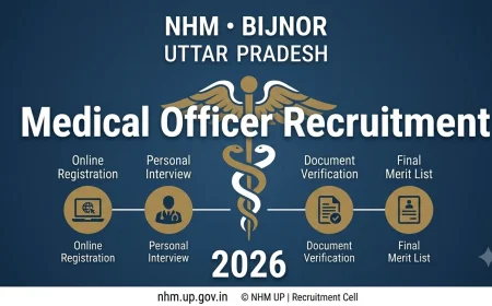 वर्ष 2026 के लिए NHM बिजनौर, उत्तर प्रदेश चिकित्सा अधिकारी भर्ती का आधिकारिक पोस्टर, जिसमें आवेदन प्रक्रिया के चार चरण और आधिकारिक वेबसाइट दर्शाई गई है।
