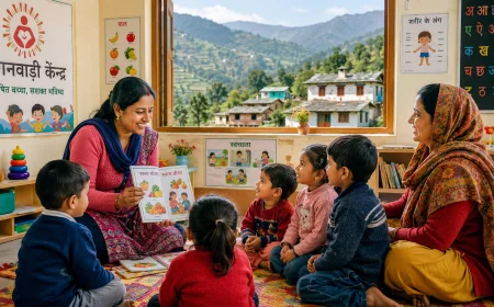Uttarakhand Anganwadi worker teaching preschool children in a rural classroom with Himalayan mountains in the background