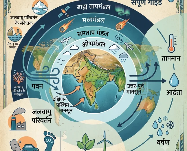 वायुमंडल की परतें - क्षोभमंडल, समताप मंडल, मध्यमंडल और तापमंडल का आरेख