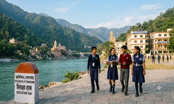 Four students in school uniforms walking along a paved path by the Ganges River in Rishikesh, Uttarakhand, with temples, mountains, and school buildings in the background.