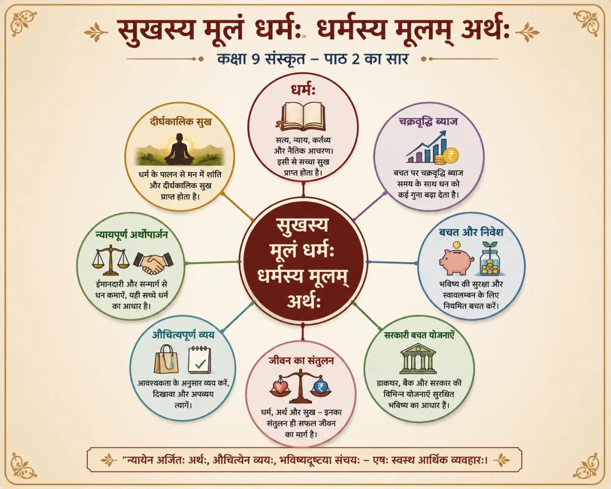 यह आकर्षक शैक्षिक चित्र कक्षा 9 संस्कृत के पाठ “सुखस्य मूलं धर्मः, धर्मस्य मूलम् अर्थः” को दर्शाता है। इसमें धर्म, अर्थ, सुख, बचत, निवेश और चक्रवृद्धि ब्याज की अवधारणाएँ शामिल हैं। चाणक्य, अध्ययनरत विद्यार्थी और बचत के प्रतीक चित्र को ज्ञानवर्धक तथा प्रेरणादायक बनाते हैं।