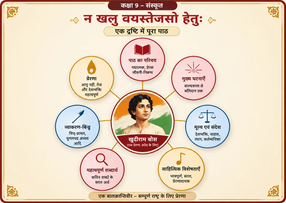 कक्षा 9 संस्कृत अध्याय 4 'न खलु वयस्तेजसो हेतुः' - बालक्रांतिवीर खुदीराम बोस का जीवन परिचय, संपूर्ण हिंदी व्याख्या, सारांश, शब्दार्थ, व्याकरण और प्रश्न-उत्तर।