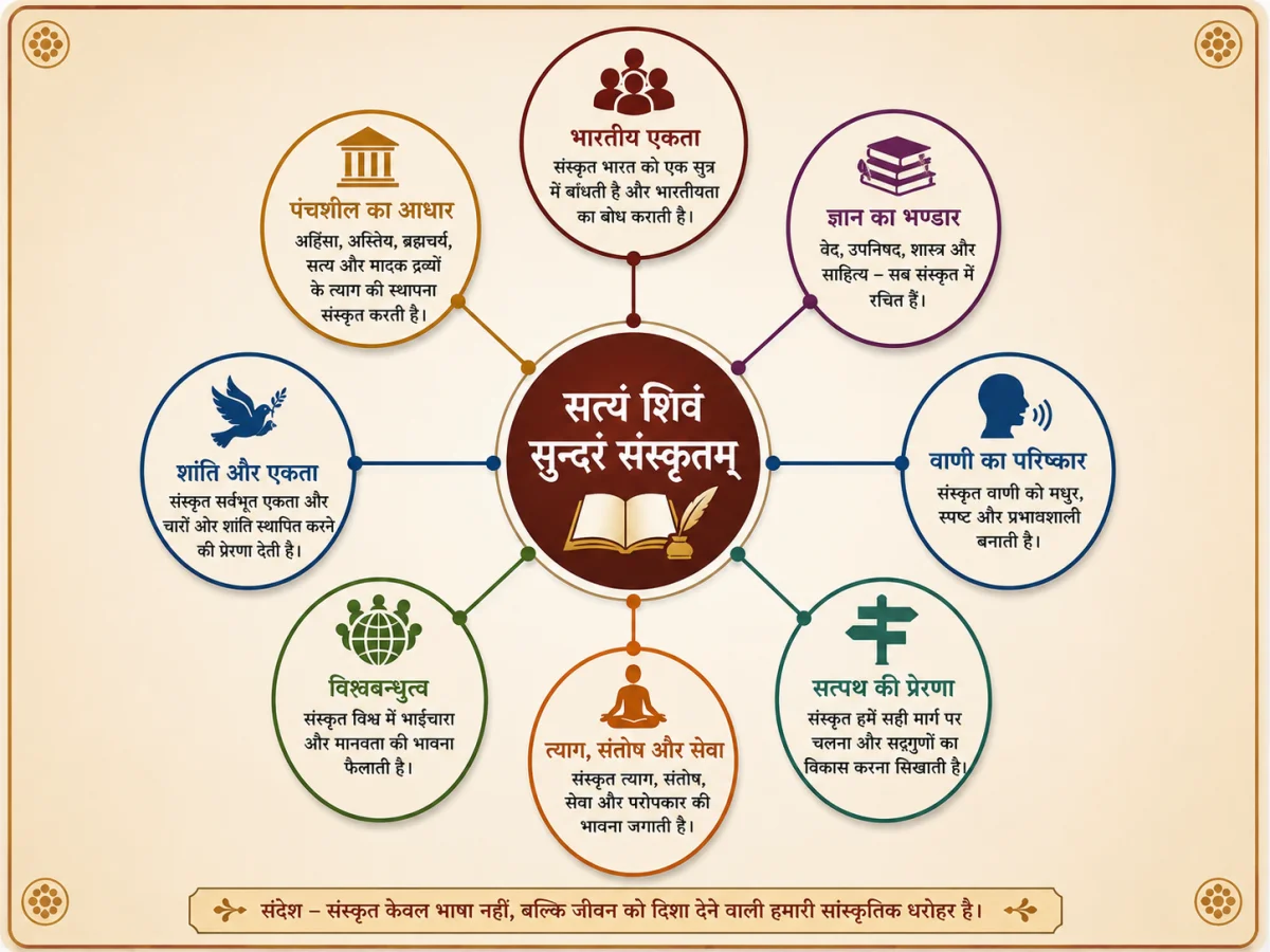 संस्कृत भाषा को लेकर कक्षा 9 के विद्यार्थियों के मन में अक्सर एक ही सवाल रहता है — आख़िर हमारी पाठ्यपुस्तक का पहला पाठ “सत्यं शिवं सुन्दरं संस्कृतम्” इतना महत्वपूर्ण क्यों माना जाता है? यह पाठ किसी कहानी की तरह नहीं है, बल्कि एक भावप्रधान गीत है, जिसमें कवि ने संस्कृत भाषा की महिमा का बखान किया है। इस लेख में हम इसी पाठ को कक्षा 9 के विद्यार्थियों के स्तर पर, बहुत ही सरल भाषा में समझेंगे। यहाँ आपको सत्यं शिवं सुन्दरं संस्कृतम् का सारांश, पद्यांशों का भावार्थ, महत्वपूर्ण शब्दार्थ, कवि परिचय, पंचशील के सिद्धांत और परीक्षा के लिए ज़रूरी प्रश्न-उत्तर — सब कुछ एक ही जगह मिलेगा, ताकि आप इस पाठ को अच्छी तरह याद रख सकें और परीक्षा में आत्मविश्वास से उत्तर लिख सकें।  अध्याय 1 (यह लेख) · अध्याय 2 · अध्याय 3 · अध्याय 4 · अध्याय 5 · अध्याय 6 · अध्याय 7 · अध्याय 8 · अध्याय 9 · अध्याय 10 · अध्याय 11 · अध्याय 12 · अध्याय 13 · अध्याय 14 · अध्याय 15 · अध्याय 16           सत्यं शिवं सुन्दरं संस्कृतम् पाठ का परिचय  “सत्यं शिवं सुन्दरं संस्कृतम्” एक गीत-रूप पाठ है, जिसमें संस्कृत भाषा को केवल एक ‘विषय’ के रूप में नहीं, बल्कि भारतीय संस्कृति की आत्मा के रूप में प्रस्तुत किया गया है। कवि बार-बार “संस्कृतम्” शब्द को दोहराते हुए यह बताते हैं कि यह भाषा किस प्रकार भारतीय एकता, ज्ञान, आनंद, मन के संस्कार, वाणी के परिष्कार, सद्गुणों और सत्पथ की ओर हमें ले जाती है।  पाठ में संस्कृत को केवल शब्दों और व्याकरण की भाषा नहीं, बल्कि विश्वबन्धुत्व, सर्वभूत एकता, शांति, त्याग, संतोष, सेवा तथा ज्ञान-विज्ञान की संवाहक भाषा बताया गया है। यही कारण है कि यह पाठ विद्यार्थियों को संस्कृत के प्रति एक नई दृष्टि देता है — यह भाषा केवल परीक्षा पास करने के लिए नहीं, बल्कि जीवन को दिशा देने के लिए भी पढ़ी जानी चाहिए।     सत्यं शिवं सुन्दरं संस्कृतम् का सरल सारांश  इस गीत में कवि यह संदेश देना चाहते हैं कि संस्कृत भाषा भारत के करोड़ों लोगों को एक सूत्र में बाँधने वाली भाषा है। जब देश के अलग-अलग राज्यों में अलग-अलग भाषाएँ बोली जाती हैं, तब संस्कृत ही वह साझी विरासत है जो सबको “भारतीय” होने का बोध कराती है। इसीलिए कवि संस्कृत को भारतीयत्व और भारतीय एकता का प्रतीक मानते हैं।  इसके बाद कवि बताते हैं कि संस्कृत ज्ञान की भंडार है। हमारे वेद, उपनिषद, दर्शन-शास्त्र, आयुर्वेद और साहित्य — सब कुछ संस्कृत में ही रचा गया है। इसलिए जो भी विद्यार्थी संस्कृत सीखता है, वह भारत की हज़ारों वर्षों की ज्ञान-परंपरा से सीधे जुड़ जाता है। संस्कृत को कवि ने आनंद देने वाली भाषा भी कहा है, क्योंकि इसके शब्दों में एक विशेष माधुर्य और लय है।  गीत का अगला भाव यह है कि संस्कृत केवल सूचना देने वाली भाषा नहीं, बल्कि मन और वाणी को संस्कारित करने वाली भाषा है। इसे पढ़ने-बोलने से वाणी में परिष्कार आता है और स्वभाव में सद्गुणों का विकास होता है। कवि के अनुसार यही भाषा हमें सत्पथ यानी सही मार्ग पर चलना सिखाती है।  पाठ का सबसे भावुक हिस्सा वह है जहाँ संस्कृत को विश्वबन्धुत्व और सर्वभूत एकता से जोड़ा गया है। कवि कहते हैं कि यह भाषा केवल भारत तक सीमित नहीं, बल्कि पूरी दुनिया में शांति और भाईचारे की भावना फैलाने की क्षमता रखती है। इसी क्रम में संस्कृत को “पंचशील” के पाँच सिद्धांतों — अहिंसा, अस्तेय, ब्रह्मचर्य, सत्य और मादक द्रव्यों के त्याग — की स्थापना करने वाली भाषा भी बताया गया है।  अंत में कवि संस्कृत को त्याग, संतोष और सेवा जैसे मूल्यों से जोड़ते हुए यह स्पष्ट करते हैं कि यह भाषा हमारे पूर्वजों के यश की स्मारक है। संस्कृत सीखना यानी अपनी जड़ों से जुड़े रहना — यही इस गीत का मूल संदेश है।       पद्यांशों का सरल भावार्थ 1. भारतीय एकता    पाठ की आरंभिक पंक्तियों में कवि संस्कृत को भारतीयों को जोड़ने वाली भाषा बताते हैं। जिस तरह एक माला में अलग-अलग फूल एक धागे से बँधे रहते हैं, उसी तरह अलग-अलग भाषाएँ बोलने वाले भारतीय लोग संस्कृत के माध्यम से एक साझी सांस्कृतिक पहचान से जुड़ते हैं।  आसान भाषा में समझें: विद्यार्थी को यह समझना चाहिए कि संस्कृत भारत की “सांस्कृतिक कड़ी” है, जो अलग-अलग प्रांतों के लोगों को एक भारतीयता के भाव में बाँधती है।  2. ज्ञान और संस्कार  कवि बताते हैं कि संस्कृत केवल शब्दों का ज्ञान नहीं देती, बल्कि मन को संस्कारित करती है और वाणी को परिष्कृत बनाती है। संस्कृत में रचित ग्रंथों को पढ़ने से व्यक्ति में सद्गुण, विनम्रता और सही सोच विकसित होती है।  आसान भाषा में समझें: संस्कृत पढ़ने का लाभ केवल परीक्षा में अंक पाना नहीं, बल्कि अच्छे विचार और अच्छा आचरण अपनाना भी है।  3. विश्वबन्धुत्व और शांति  पाठ में एक प्रसिद्ध पद्यांश आता है, जिसमें संस्कृत को विश्वबन्धुत्व फैलाने वाली, सभी प्राणियों में एकता का भाव जगाने वाली और चारों ओर शांति स्थापित करने वाली भाषा बताया गया है। इसी पद्यांश में संस्कृत को “पंचशील” की स्थापना करने वाली भाषा भी कहा गया है।  आसान भाषा में समझें: संस्कृत केवल भारत की सीमाओं में बँधी भाषा नहीं है — इसका संदेश पूरी मानवता के लिए शांति और भाईचारे का संदेश है।  4. त्याग, संतोष और सेवा  पाठ के अंतिम भाग में संस्कृत को शब्दों की सुंदरता, माधुर्य और चमत्कार से भरी भाषा कहा गया है, जो हमारे पूर्वजों के यश की याद दिलाती है। यहाँ कवि यह भी संकेत देते हैं कि इस भाषा की परंपरा में त्याग, संतोष और सेवा जैसे मूल्यों को सदैव ऊँचा स्थान दिया गया है।  आसान भाषा में समझें: संस्कृत भाषा हमें सिखाती है कि जीवन में केवल पाने की नहीं, देने और सेवा करने की भावना भी उतनी ही ज़रूरी है।  पद्यांशों का सरल भावार्थ — एक नज़र में तुलना  ऊपर बताए गए चारों मुख्य भावों को आसानी से याद रखने के लिए नीचे एक तुलनात्मक तालिका दी गई है:  मुख्य भाव	संस्कृत किससे जुड़ी है	सरल संदेश भारतीय एकता	भारतीयत्व, सांस्कृतिक पहचान	अलग-अलग भाषाओं के बीच संस्कृत एक साझा कड़ी है ज्ञान और संस्कार	वेद, दर्शन, वाणी का परिष्कार	संस्कृत मन और वाणी दोनों को निखारती है विश्वबन्धुत्व और शांति	सर्वभूत एकता, पंचशील	संस्कृत का संदेश पूरी मानवता के लिए है त्याग, संतोष और सेवा	पूर्वजों का यश, सद्गुण	देने और सेवा करने की भावना सिखाती है     महत्वपूर्ण शब्दार्थ  परीक्षा की दृष्टि से इस पाठ के कुछ महत्वपूर्ण शब्दों के अर्थ नीचे तालिका में दिए गए हैं। इन्हें याद रखने से पद्यांशों का अन्वय और भावार्थ समझना आसान हो जाता है।  संस्कृत शब्द	सरल हिंदी अर्थ ऐहिकम्	इस लोक (संसार) से संबंधित, लौकिक आमुष्मिकम्	परलोक से संबंधित, पारलौकिक उत्कर्षम्	उन्नति, श्रेष्ठता उद्वेलनम्	उमड़ना, हिलोरें लेना कर्मदम्	कर्म करने की प्रेरणा देने वाला चारु	सुंदर परिष्कारकम्	परिष्कृत करने वाला, शुद्ध और निखारने वाला पुञ्जः	समूह, ढेर प्रभा	प्रकाश, कांति भक्तिदम्	भक्ति देने वाला माधुर्यधारा	मिठास की धारा विस्तारकम्	विस्तार (फैलाव) करने वाला लीलावनम्	क्रीड़ा का वन, आनंद-उपवन सत्पथः	सत्य/अच्छाई का मार्ग सन्दोहः	समूह, भंडार   कवि परिचय  “सत्यं शिवं सुन्दरं संस्कृतम्” गीत के रचयिता पण्डित वासुदेव-शास्त्रि-द्विवेदी हैं। वे वाराणसी में स्थित “सार्वभौम संस्कृत प्रचार कार्यालय” के संस्थापक थे। उन्होंने सरल संस्कृत भाषा में कई ग्रंथों की रचना की। संस्कृत भाषा के प्रचार-प्रसार में उनकी रचनाओं का महत्वपूर्ण योगदान माना जाता है, और यही कारण है कि उनका यह गीत आज भी कक्षा 9 के विद्यार्थियों को संस्कृत के प्रति प्रेरित करता है।  कवि की प्रमुख रचनाएँ रचना का नाम	संक्षिप्त परिचय सुरभारतीसन्देशः	सरल संस्कृत में रचित एक प्रमुख कृति भोजराज्ये संस्कृतसाम्राज्यम्	राजा भोज के काल में संस्कृत के वैभव पर आधारित रचना कौत्सस्य गुरुदक्षिणा	गुरु-शिष्य परंपरा और गुरुदक्षिणा के भाव पर आधारित रचना   पञ्चशील क्या है?  पाठ में संस्कृत को “पंचशील” के सिद्धांतों की स्थापना करने वाली भाषा बताया गया है। ये पाँच सिद्धांत इस प्रकार हैं:  सिद्धांत	सरल अर्थ अस्तेयम्	चोरी न करना, दूसरों की वस्तु का अनुचित लाभ न उठाना अहिंसा	किसी भी प्राणी को मन, वचन या कर्म से हानि न पहुँचाना ब्रह्मचर्यम्	संयमित और अनुशासित जीवन-शैली अपनाना सत्यम्	सदैव सच बोलना और सच्चाई के मार्ग पर चलना मादकद्रव्यों का परिहार	नशीले पदार्थों से दूर रहना   परीक्षा के लिए महत्वपूर्ण बिंदु पाठ का शीर्षक है — सत्यं शिवं सुन्दरं संस्कृतम्। यह पाठ एक भावप्रधान गीत के रूप में लिखा गया है। रचयिता हैं — पण्डित वासुदेव-शास्त्रि-द्विवेदी। कवि सार्वभौम संस्कृत प्रचार कार्यालय, वाराणसी के संस्थापक थे। पाठ का मुख्य विषय है — संस्कृत भाषा की महिमा और महत्व। संस्कृत को भारतीय एकता और भारतीयत्व का प्रतीक बताया गया है। संस्कृत को ज्ञान, आनंद, मन के संस्कार और वाणी के परिष्कार से जोड़ा गया है। संस्कृत को विश्वबन्धुत्व, सर्वभूत एकता और शांति की भाषा कहा गया है। पाठ में पंचशील के पाँच सिद्धांतों का उल्लेख है — अस्तेय, अहिंसा, ब्रह्मचर्य, सत्य और मादकद्रव्य-परिहार। संस्कृत को त्याग, संतोष और सेवा जैसे मूल्यों से जोड़ा गया है। पाठ में संस्कृत को पूर्वजों के यश की स्मारक भाषा भी कहा गया है। शब्दार्थ और अन्वय आधारित प्रश्न परीक्षा में अक्सर पूछे जाते हैं। पद्यांशों का भावार्थ समझकर लिखना अभ्यास में विशेष रूप से उपयोगी है। इस पाठ से हमें क्या सीख मिलती है?  “सत्यं शिवं सुन्दरं संस्कृतम्” पाठ हमें यह सिखाता है कि भाषा केवल संवाद का माध्यम नहीं होती, बल्कि वह हमारे संस्कारों और मूल्यों को भी आकार देती है। यह पाठ विद्यार्थियों को एकता, भाईचारा, शांति, सेवा, संतोष और त्याग जैसे मूल्यों की ओर प्रेरित करता है। संस्कृत के माध्यम से कवि यह संदेश देना चाहते हैं कि ज्ञान और सद्गुण साथ-साथ चलने चाहिए, तभी विश्वबन्धुत्व की भावना सार्थक होती है। यही कारण है कि यह पाठ केवल भाषा-शिक्षा तक सीमित न रहकर, जीवन-मूल्यों की शिक्षा भी देता है।  पाठ के मूल्य और विद्यार्थी के लिए व्यावहारिक सीख पाठ में बताया गया मूल्य	विद्यार्थी इससे क्या सीख सकता है भारतीय एकता	अलग-अलग भाषा-भाषी साथियों के प्रति सम्मान रखना ज्ञान और सद्गुण	पढ़ाई के साथ अच्छे आचरण को भी महत्व देना विश्वबन्धुत्व और शांति	सबके साथ मिलजुल कर रहना और झगड़ों से दूर रहना त्याग, संतोष और सेवा	दूसरों की मदद करने की भावना विकसित करना   सत्यं शिवं सुन्दरं संस्कृतम् — प्रश्नोत्तर प्रश्न 1: संस्कृत को भारतीय एकता का साधक क्यों कहा गया है?  उत्तर: संस्कृत भाषा भारतीयों में एकता स्थापित करती है, भारतीयत्व का सम्पादन करती है और सबको ज्ञान-समूह की प्रभा दिखाती है।  प्रश्न 2: संस्कृत को 