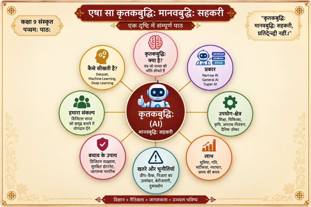 छात्रों को प्रेरित करने हेतु): कक्षा 9 संस्कृत पाठ 5 की बेहतरीन अध्ययन सामग्री। यहाँ कृत्रिम बुद्धिमत्ता (AI) पर आधारित इस रोचक पाठ का सम्पूर्ण सारांश, सरल भावार्थ और परीक्षा उपयोगी महत्वपूर्ण प्रश्नोत्तर प्राप्त करें।