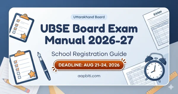 UBSE Board Exam Manual 2026-27 के लिए एक आधुनिक शैक्षणिक बैनर, जिसमें “School Registration Guide” और “DEADLINE: AUG 21-24, 2026” प्रमुख रूप से दिखाया गया है, साथ में क्लिपबोर्ड, परीक्षा पेपर, घड़ी और स्टेशनरी की आइकन ग्राफिक्स हैं।