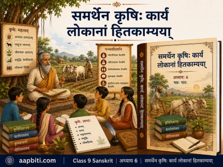कक्षा 9 संस्कृत अध्याय 6 'समर्थेन कृषि: कार्यं लोकानां हितकाम्यया' का फीचर्ड चित्र, जिसमें गुरु छात्रों को कृषि का महत्व समझा रहे हैं, पृष्ठभूमि में खेत, बैल, किसान और दाईं ओर अध्याय का पुस्तक कवर दिखाया गया है।