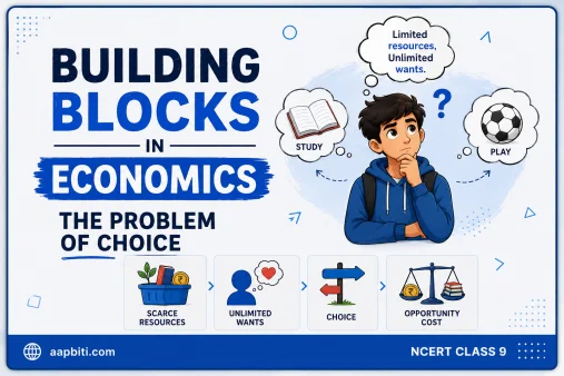 NCERT कक्षा 9 अर्थशास्त्र अध्याय 8 बिल्डिंग ब्लॉक्स इन इकोनॉमिक्स: चुनाव की समस्या, जिसमें एक छात्र पढ़ाई और खेलने के बीच चुनाव करता हुआ तथा सीमित संसाधन, असीमित इच्छाएँ, चुनाव और अवसर लागत दर्शाए गए हैं।