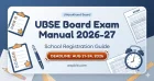 UBSE Board Exam Manual 2026-27 के लिए एक आधुनिक शैक्षणिक बैनर, जिसमें “School Registration Guide” और “DEADLINE: AUG 21-24, 2026” प्रमुख रूप से दिखाया गया है, साथ में क्लिपबोर्ड, परीक्षा पेपर, घड़ी और स्टेशनरी की आइकन ग्राफिक्स हैं।