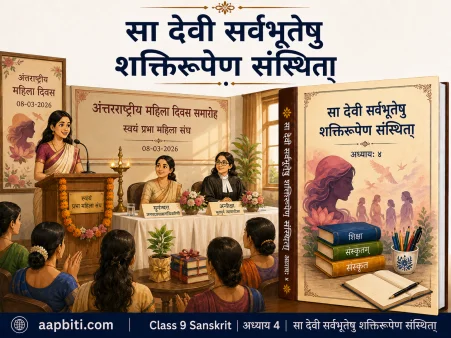 कक्षा 9 संस्कृत अध्याय 4 'सा देवी सर्वभूतेषु शक्तिरूपेण संस्थिता' का फीचर्ड चित्र, जिसमें अंतरराष्ट्रीय महिला दिवस समारोह, मंच पर भाषण देती महिला, अतिथि, श्रोतागण और पुस्तक का आकर्षक कवर दर्शाया गया है।