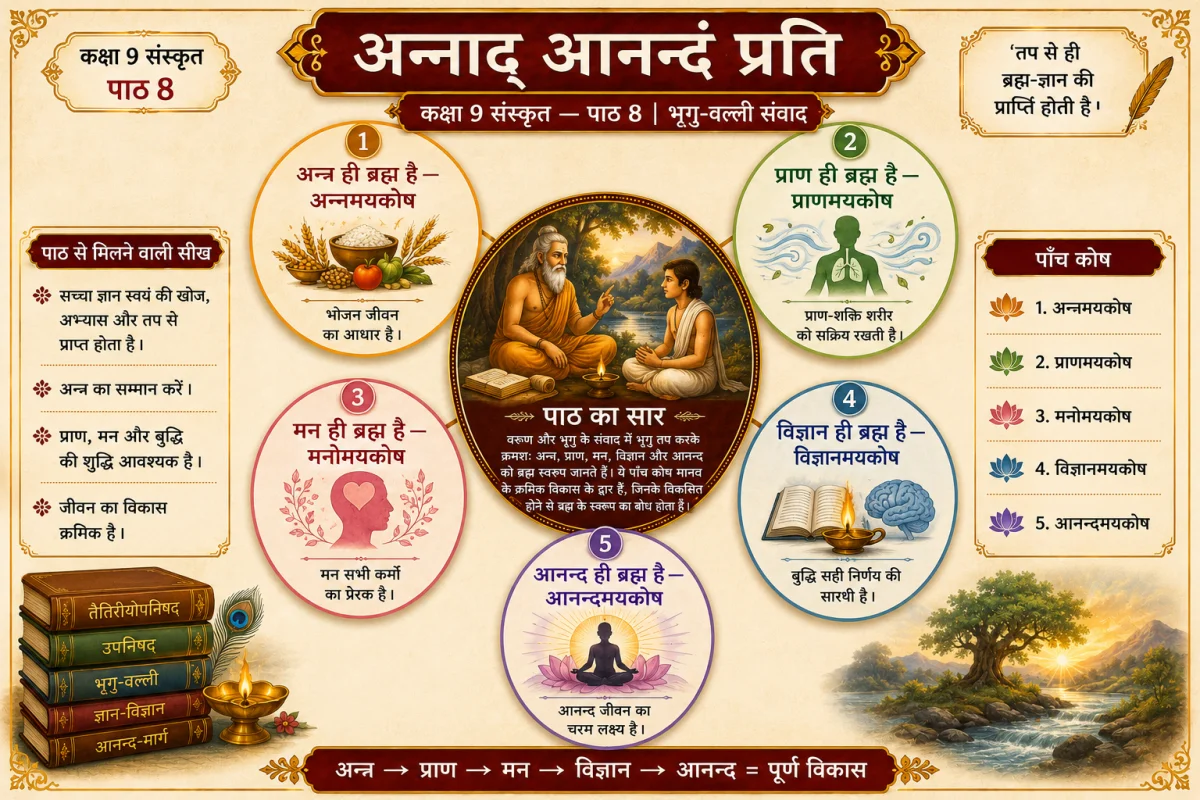 तैत्तिरीयोपनिषद् पर आधारित महर्षि वरुण और उनके पुत्र भृगु के बीच ब्रह्म-ज्ञान और पंचकोष के संवाद को दर्शाता हुआ कक्षा 9 संस्कृत पाठ 8 का एक चित्र।