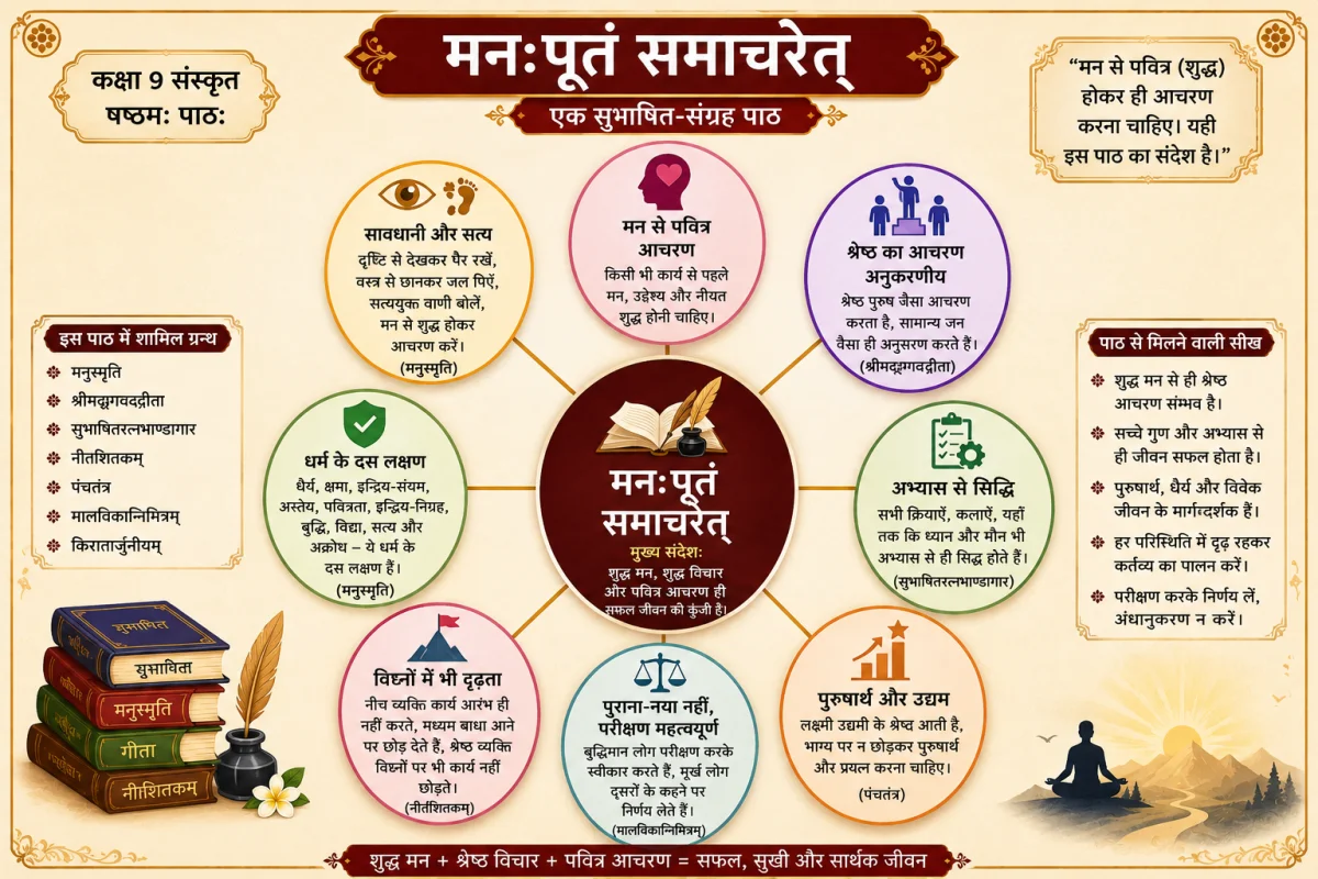 कक्षा 9 संस्कृत पाठ 6 'मनःपूतं समाचरेत्' की सम्पूर्ण हिंदी व्याख्या यहाँ पढ़ें। इसमें सभी श्लोकों का सरल भावार्थ, शब्दार्थ, व्याकरण और परीक्षा के लिए महत्वपूर्ण प्रश्न-उत्तर आसान भाषा में दिए गए हैं।
