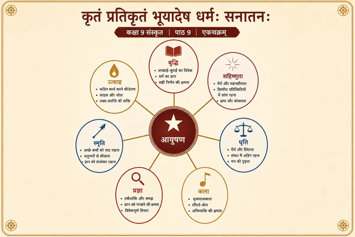 महाभारत की बकासुर वध कथा पर आधारित कक्षा 9 संस्कृत पाठ 9 'कृतं प्रतिकृतं भूयादेष धर्मः सनातनः' का मुख्य चित्र, जिसमें भीम और माता कुन्ती का संवाद दर्शाया गया है।