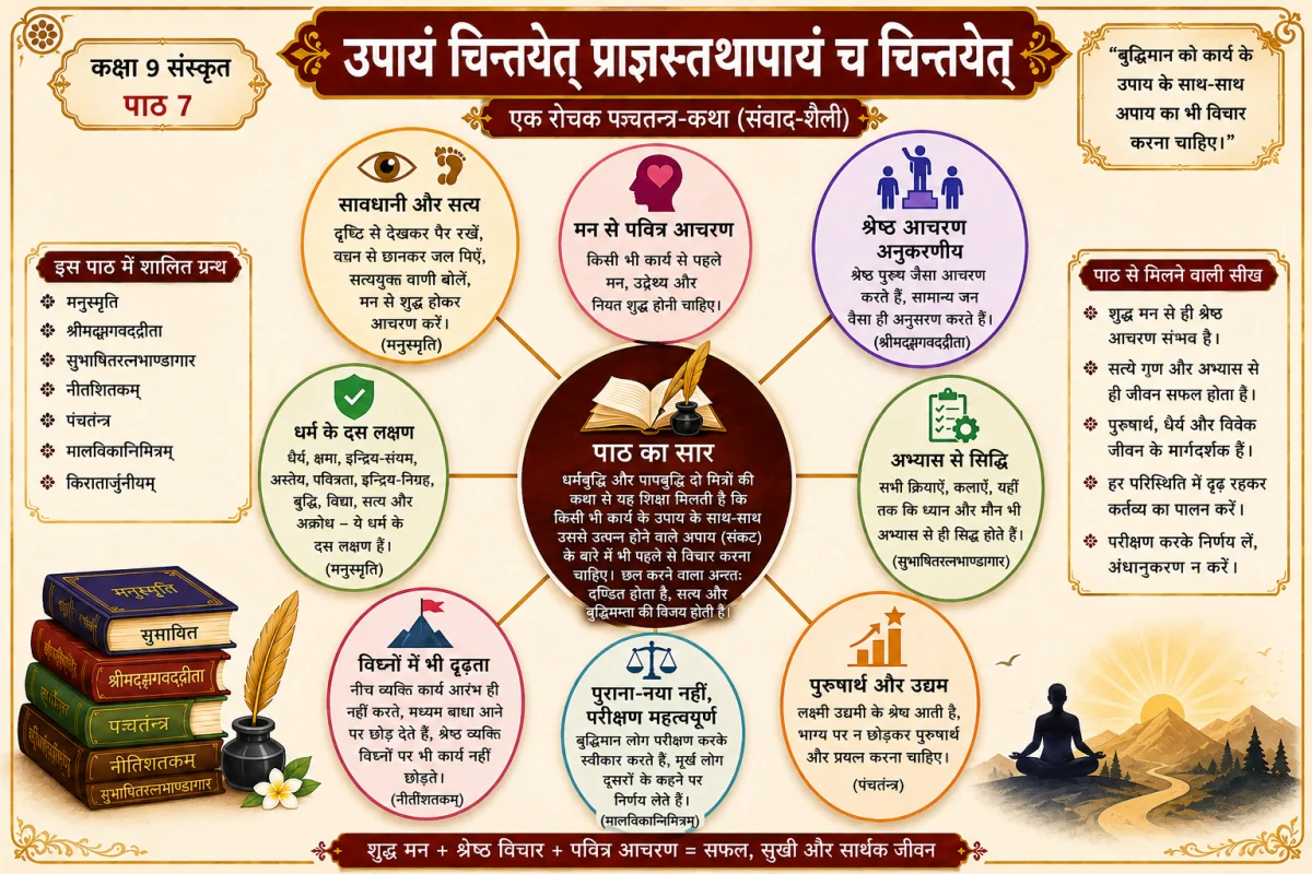 कक्षा 9 संस्कृत पाठ 7 'उपायं चिन्तयेत्' की सम्पूर्ण हिंदी व्याख्या। यहाँ धर्मबुद्धि और पापबुद्धि की रोचक पञ्चतन्त्र कथा का सरल भावार्थ, सारांश, शब्दार्थ और महत्वपूर्ण प्रश्न-उत्तर पढ़ें।