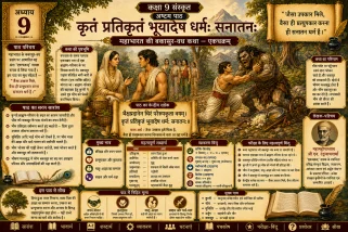 कक्षा 9 संस्कृत शारदा नवम पाठ के अध्ययन नोट्स का ग्राफिक, जिसमें बकासुर वध की कहानी, महत्वपूर्ण शब्दार्थ, व्याकरण बिंदु और शिक्षाप्रद सारांश को बहुत ही सरल हिंदी में समझाया गया है।