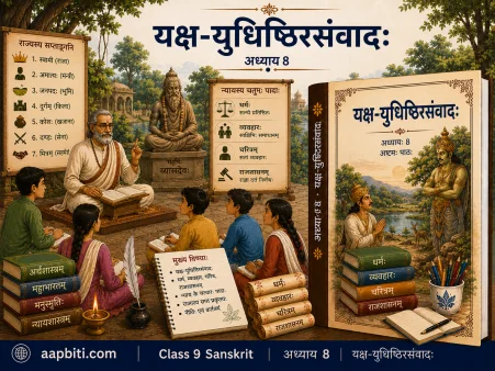 कक्षा 9 संस्कृत अध्याय 8 “यक्ष-युधिष्ठिरसंवादः” की फीचर्ड इमेज, जिसमें बाईं ओर गुरुकुल शैली की कक्षा, बीच में व्यासमूर्ति और न्याय/राजशासन के प्रतीक, तथा दाईं ओर युधिष्ठिर और यक्ष वाला अध्याय कवर दिखाया गया है।