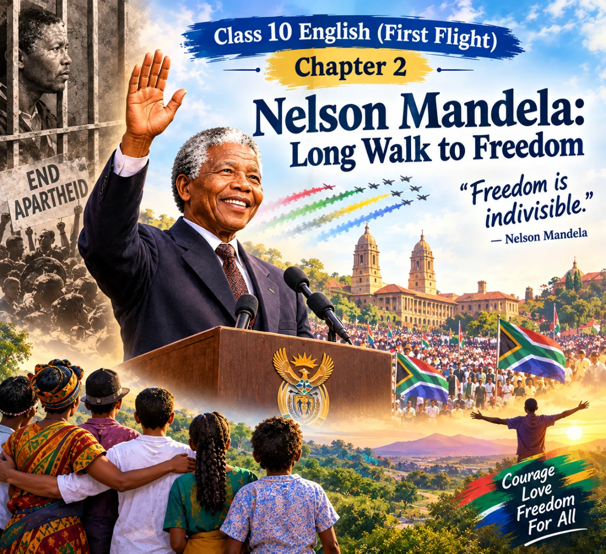 Study notes and summary for Class 10 English First Flight Chapter 2 Nelson Mandela Long Walk to Freedom including textbook question answers and grammar solutions.