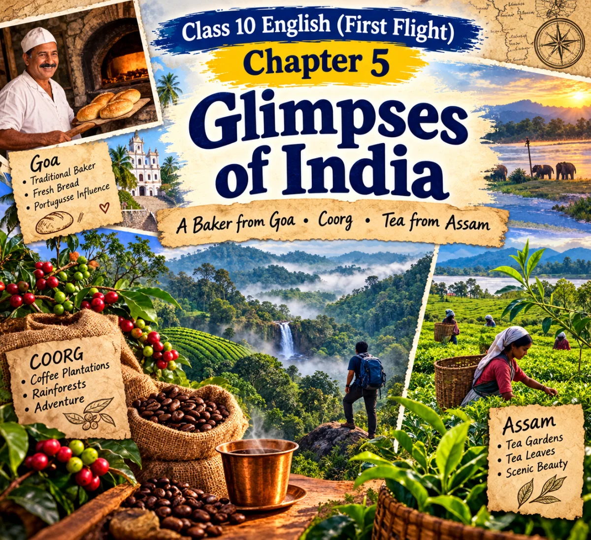 Study notes for Class 10 English First Flight Chapter 5 Glimpses of India showing summary and question answers for A Baker from Goa, Coorg, and Tea from Assam.